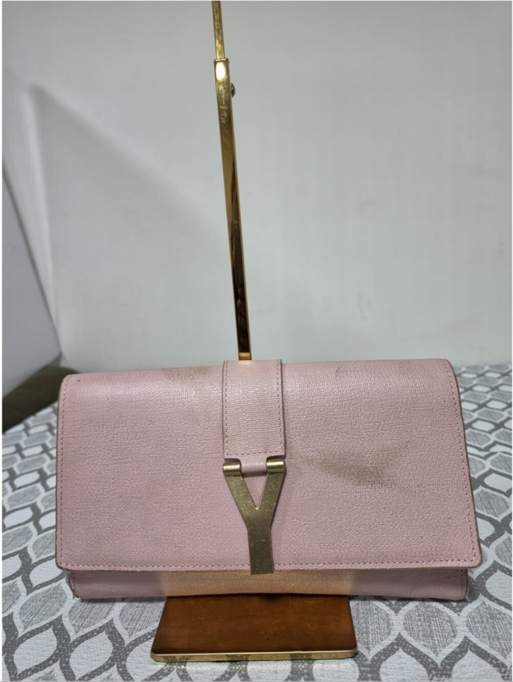 YVES SAINT LAURENT Calfskin Leather Ligne Y Clutch Bag Light Pink